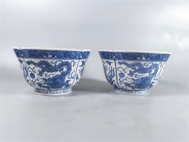 A pair of Exquisite Blue and White Dragon and Phoenix Pattern Bowl
