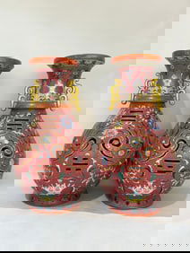 A pair of Exquisite Ruby Red Hollow Flower Pattern Vase