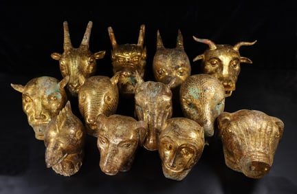 A set of Exquisite Gilt Bronze Gold and Silver-Inlaid Twelve Chinese Zodiac Animal Head