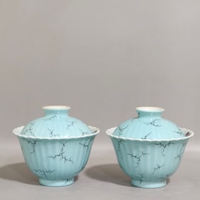 A pair of Turquoise Flower and Butterfly Pattern Bowl