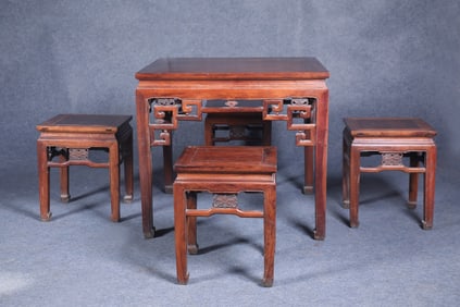 A Set of Huge Huanghuali Wood Square Table and Four Stools