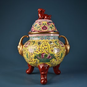A Exquisite Coppery High-relief Carved Cloisonne Gilt Censer