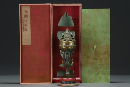 A Exquisite Gold-inlaid Bronze Phoenix-Base Censer