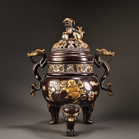 A Exquisite Bronze High-Relief Gilt Gold and Silver Censer