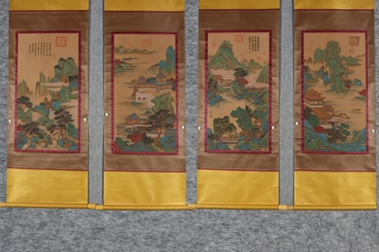 A Set of Chinese Vertical Scroll Ink Paintings of Landscape on Paper