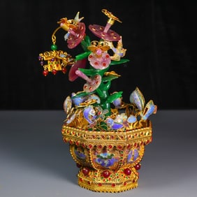 A Exquisite Cloisonne Inlaid Jadeite Flower Bonsai