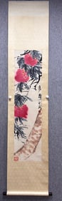 A Chinese Vertical Scroll Ink Painting of Flowers on Paper