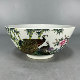 A Exquisite Enamel Flower, Bamboo, Stone and Peacock Pattern Bowl
