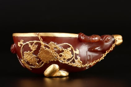 A Exquisite Agate Gold Wrapped Ox Horn Cup