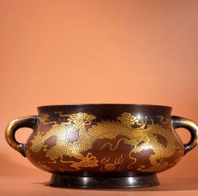 A Exquisite Red Copper Carved Pattern Gilt Dragon Pattern Double-Ear Censer
