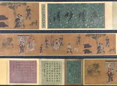 A Chinese Hand Scroll Ink Painting of Figures on Silk