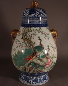 A pair of Rare Enamel Flower and Bird Pattern Elephant-Ears Jar