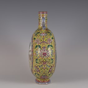 A Rare  Famille Rose Yellow Ground Figure Pattern Vase