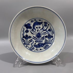 A Exquisite Blue and White Fish and Lotus Pattern Plate