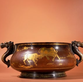 A Exquisite Red Copper Carved Pattern Gilt Dragon-Ear Censer