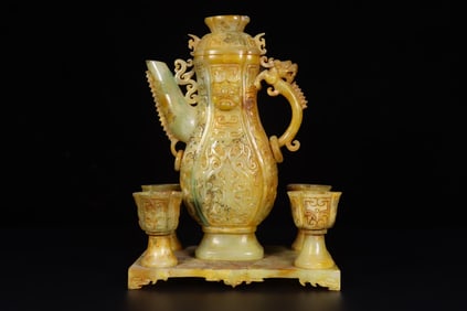 A Set of Exquisite Hetian Jade Dragon Pattern Ewer