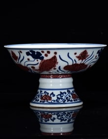 A Rare Blue and White Underglaze-Red Fish and Lotus Pattern High Foot Plate