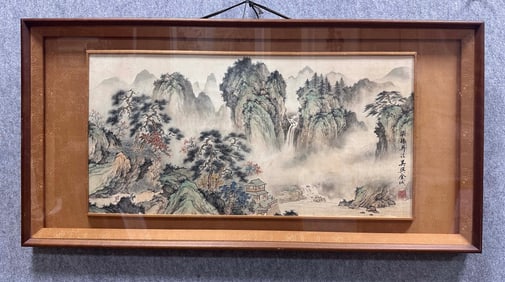 A Chinese Vertical Scroll Ink Painting of Landscape on Silk, With a Frame