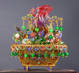 A Exquisite Filigree Gilt Inlaid Old Jadeite Bonsai