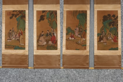 A Set of Chinese Vertical Scroll Ink Paintings of Figures on Paper