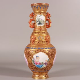 A Exquisite Iron-Red Carved Painted Gold Figures Pattern Double-Ears Vase