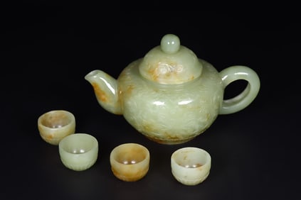 A Set of Exquisite Hetian Jade Flower Pattern Ewer