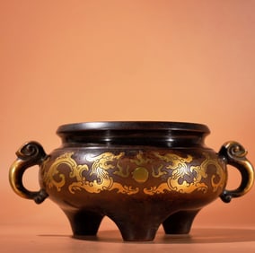 A Exquisite Red Copper Carved Pattern Gilt Ruyi-Ear Censer