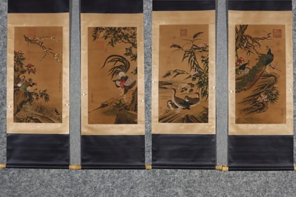 A Set of Chinese Vertical Scroll Ink Paintings of Flower and Bird on Paper
