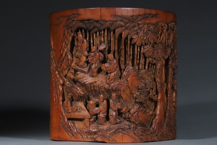 A Exquisite Bamboo Carving Landscape Pattern Brush Pot