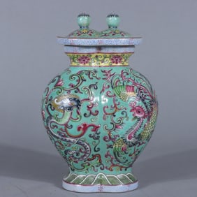 A Rare Enamel Turquoise Green Glazed Dragon and Phoenix Pattern Vase