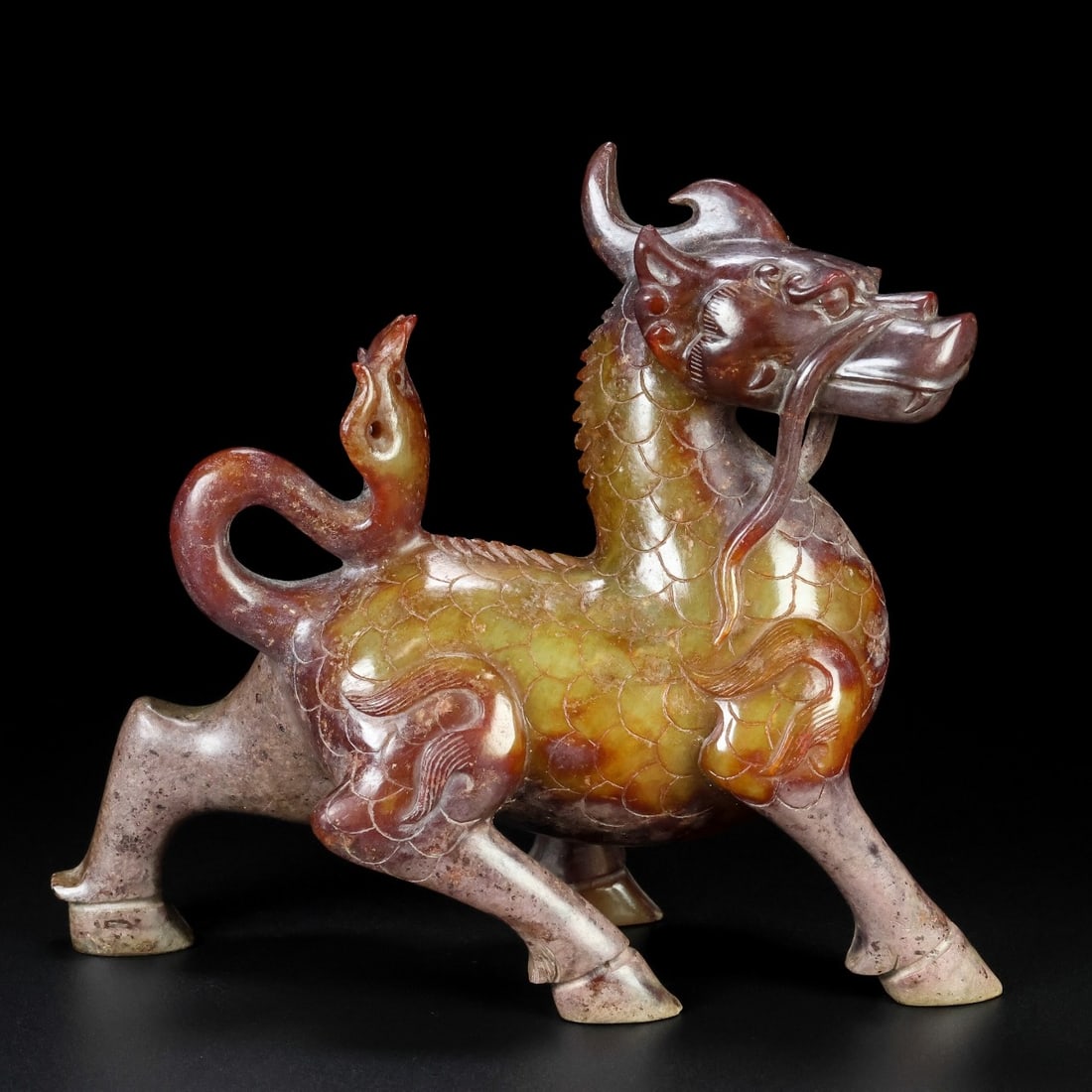 A Exquisite Hotan Jade Kylin Ornament: A Exquisite Hotan Jade Kylin Ornament,Han Dynasty, China 和田玉麒麟摆件,中国汉代