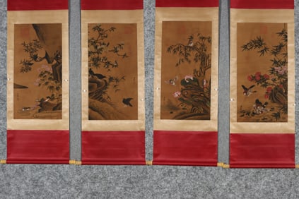 A Set of Chinese Vertical Scroll Ink Paintings of Flower and Bird on Paper