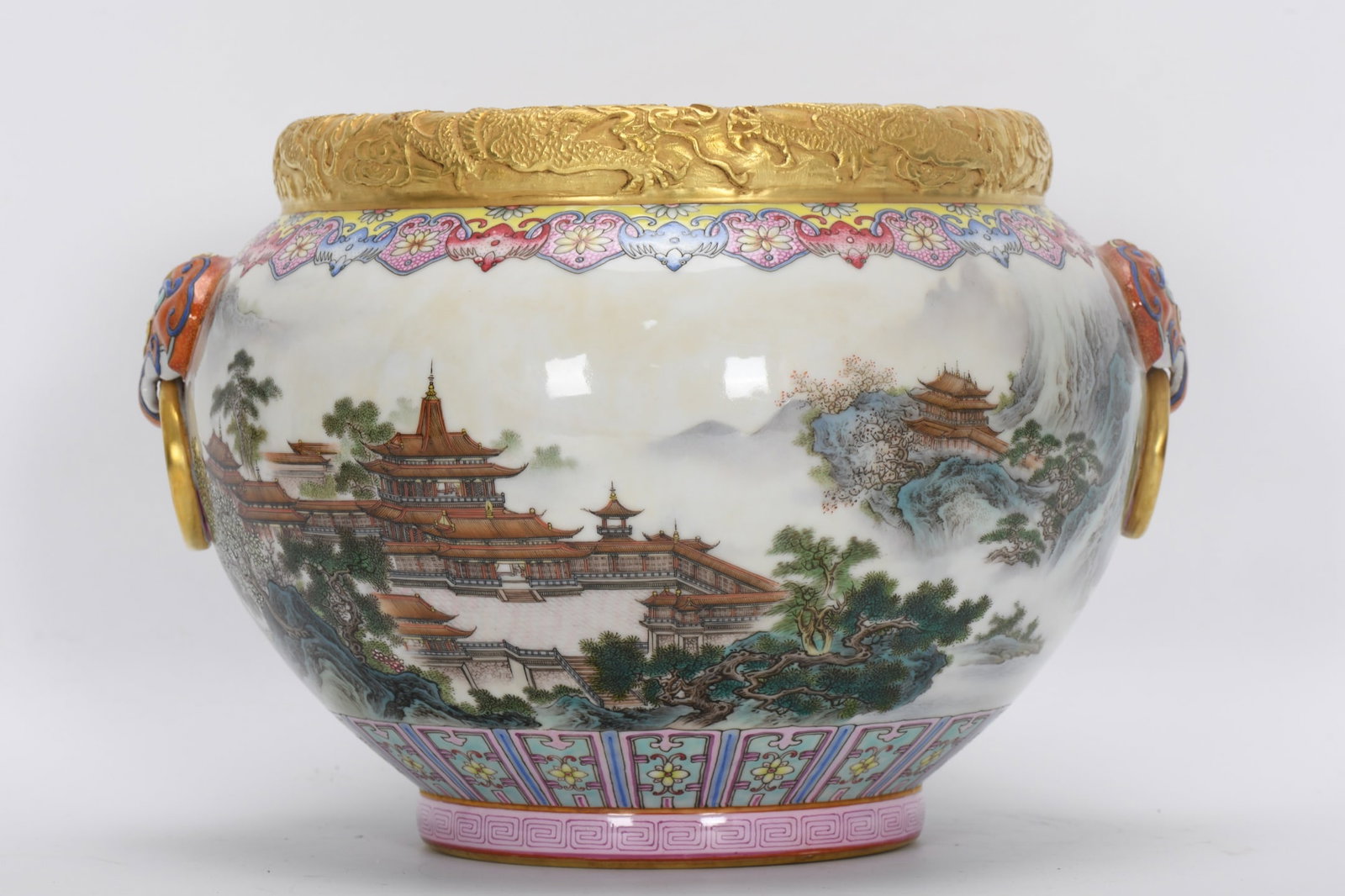 A Rare Enamel Carved Gold-Outlined Double Dragon Landscape Pattern Double-Ear Vat: A Rare Enamel Carved Gold-Outlined Double Dragon Landscape Pattern Double-Ear Vat,Qing Dynasty, China,Qianlong Four-Character Mark,Size:7.9inx10.6in 