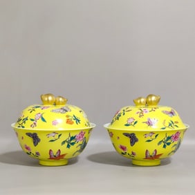 A pair of Exquisite Lemon Yellow Glaze Flower Pattern Bowl
