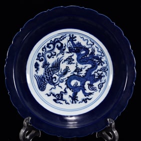 A Rare Ji Blue Glazed Blue and White Dragon and Phoenix Pattern Plate