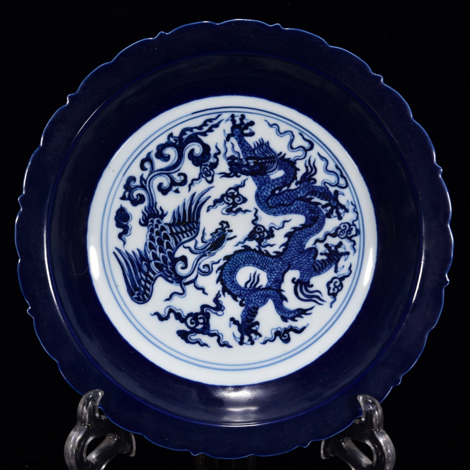 A Rare Ji Blue Glazed Blue and White Dragon and Phoenix Pattern Plate: A Rare Ji Blue Glazed Blue and White Dragon and Phoenix Pattern Plate,Ming Dynasty, China,Xuande Six-character Mark,Size:2inx8.7in 
