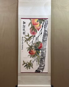 A Chinese Vertical Scroll Ink Painting of Flowers and Fruits on Paper