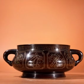 A Exquisite Red Copper Silver-Inlaid Censer