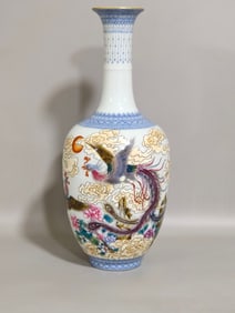 A Exquisite Blue and White Famille-Rose Phoenix Pattern Vase