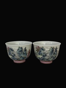 A pair of Exquisite Famille-Rose Landscape Pattern Cup