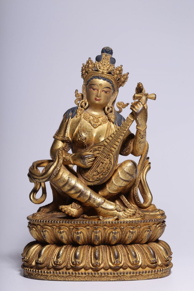 A Solemn Gilt Bronze Statue of Saraswati: A Solemn Gilt Bronze Statue of Saraswati,Qing Dynasty, China,Size:3.9inx2.6inx5.9in,Weight:829g 