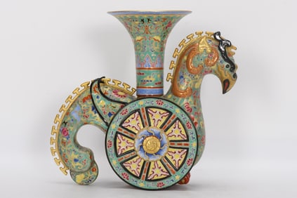 A Rare Cloisonne Gold-Outlined Phoenix Zun