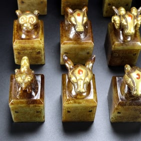 A Rare Hetian Jade Gold-Inlaid the twelve Chinese zodiac signs Seal