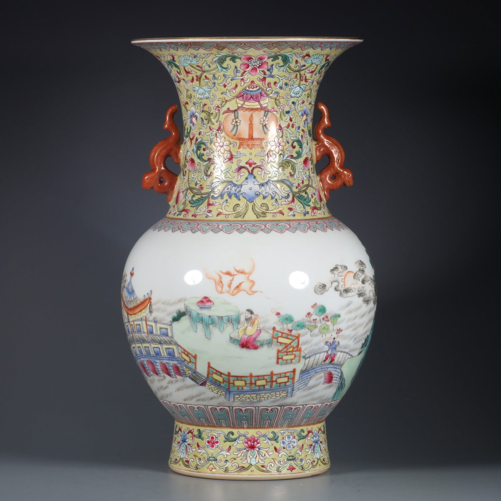 A Rare Famille Rose Landscape and Figure Pattern Li Dragon Ear Vase: A Rare Famille Rose Landscape and Figure Pattern Li Dragon Ear Vase,Qing Dynasty, China,Qianlong Six-character Mark,Size:13.6inx7.2in 