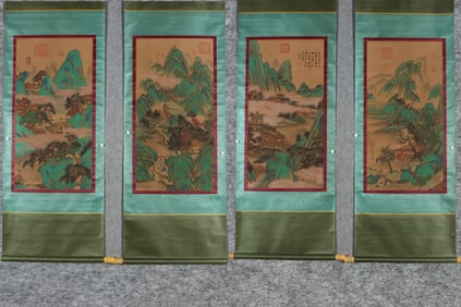 A Set of Chinese Vertical Scroll Ink Paintings of Landscape on Paper