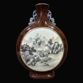 A Exquisite Imitation Wood Grain Glazed Ink Color Landscape Pattern Vase
