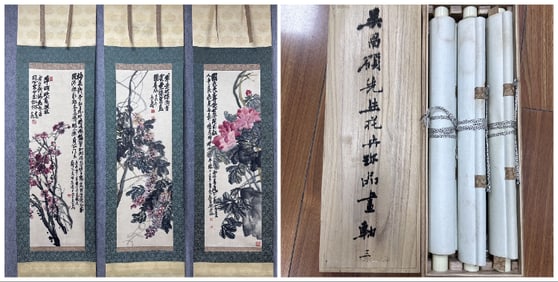 A Set of Chinese Vertical Scroll Ink Painting of Flower and Bird Pattern on Silk