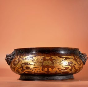 A Exquisite Red Copper Carved Pattern Gilt Double-Lion-Ear Censer