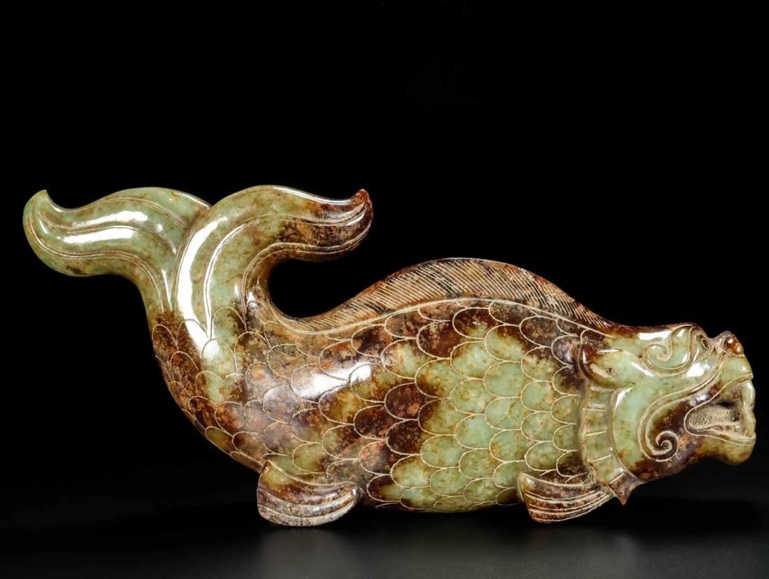 A Exquisite Hotan Jade Fish Ornament: A Exquisite Hotan Jade Fish Ornament,Han Dynasty, China 和田玉龙鱼,中国汉代