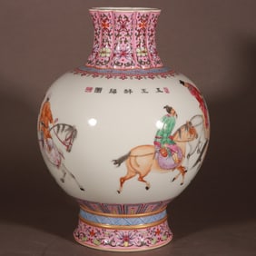 A Rare Red Ground Enamel Figure Riding Horse Pattern Vase